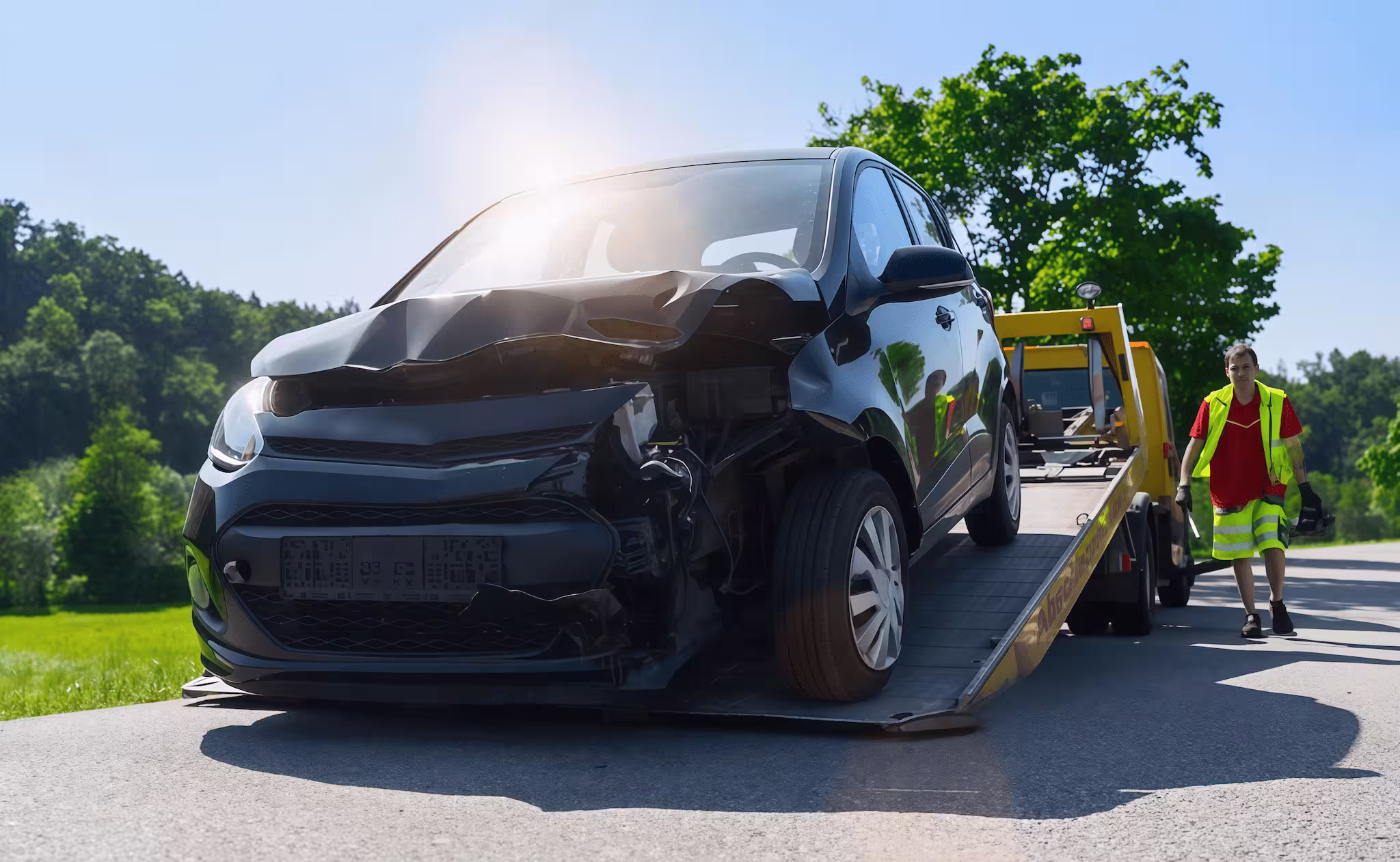 Damaged car on tow truck after hit-and-run accident in Pharr.