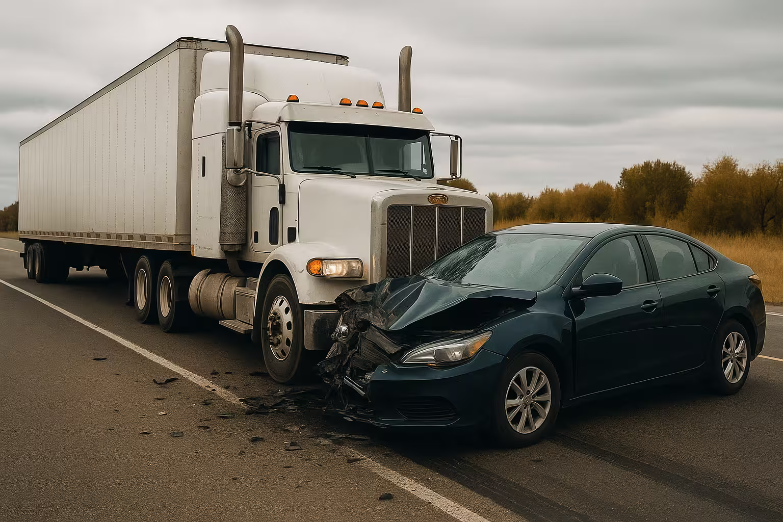 Damaged car after a head-on collision with a semi-truck.