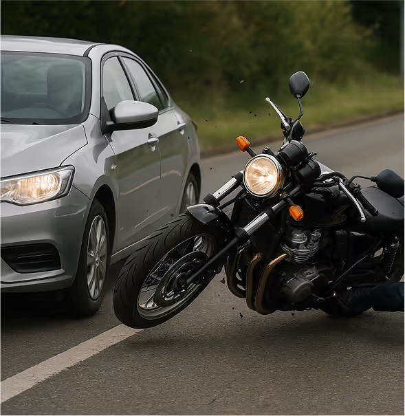 Car colliding with motorcycle in a left-turn collision.