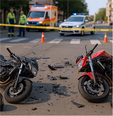 Damaged motorcycles on the road after a multi-vehicle crash.