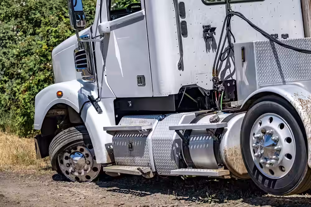 Damaged commercial truck involved in a truck accident.